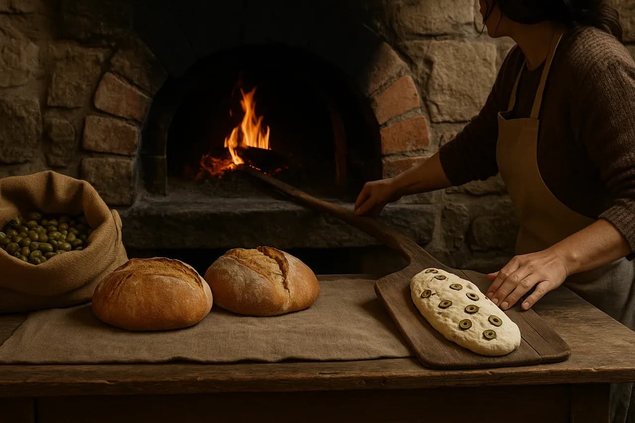 Preparação de pão junto a um forno de lenha (ilustração editorial)